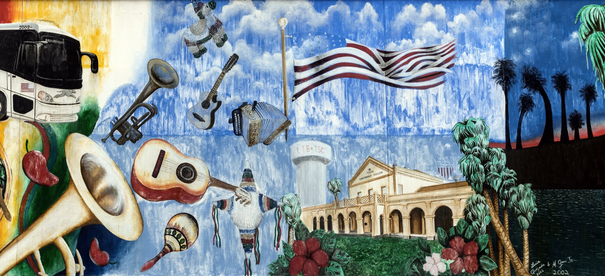 Colorful downtown Brownsville mural celebrating local music and architecture